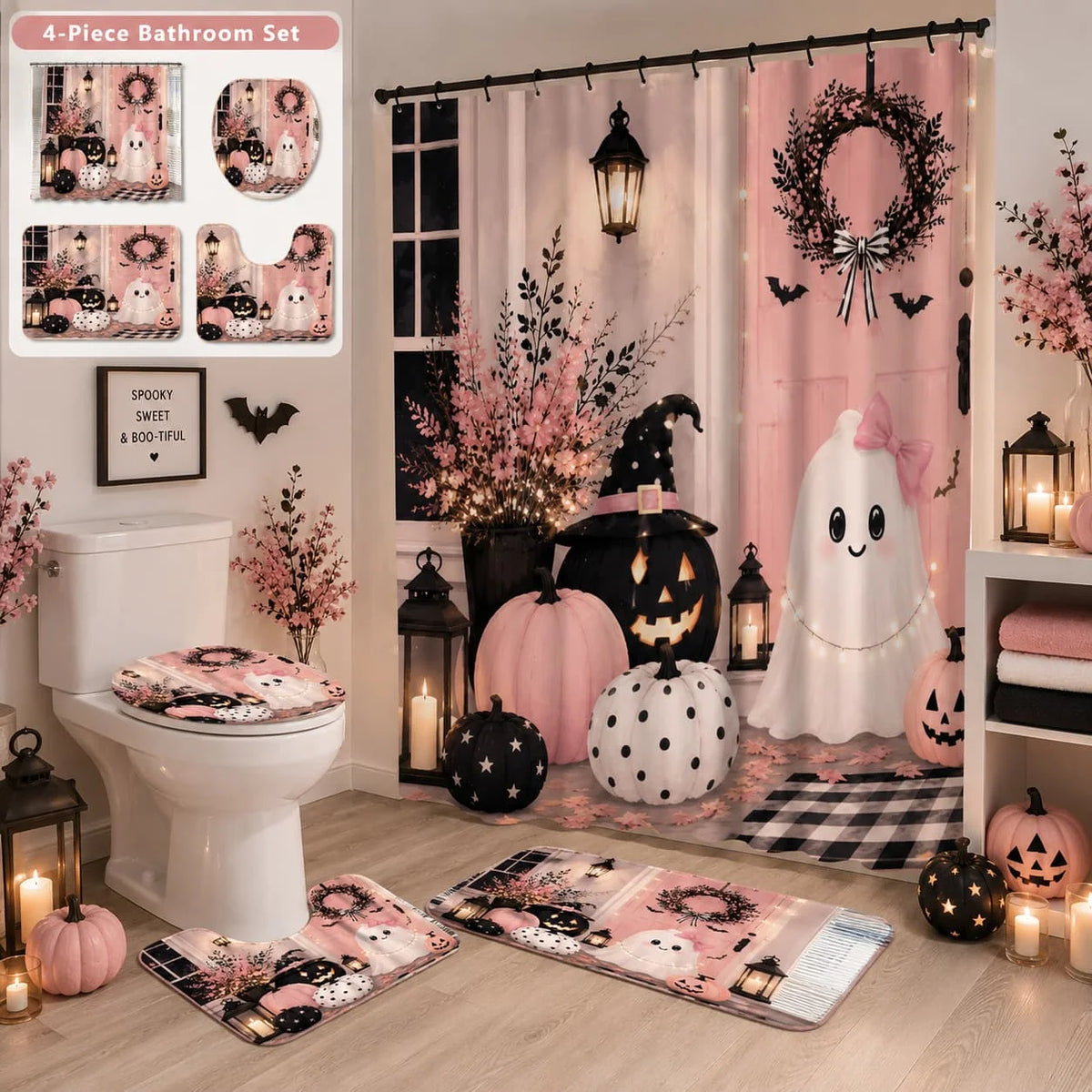 Halloween Ghost Pumpkin Shower Curtain Set With Hooks And Bathroom Decor