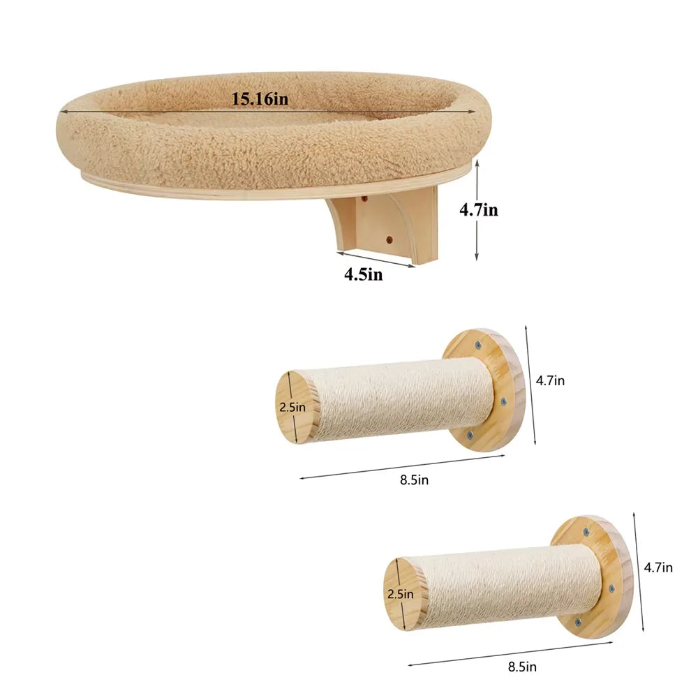 CWV Solid Pine Wall Mounted Cat Tree Hammock With Scratching Post