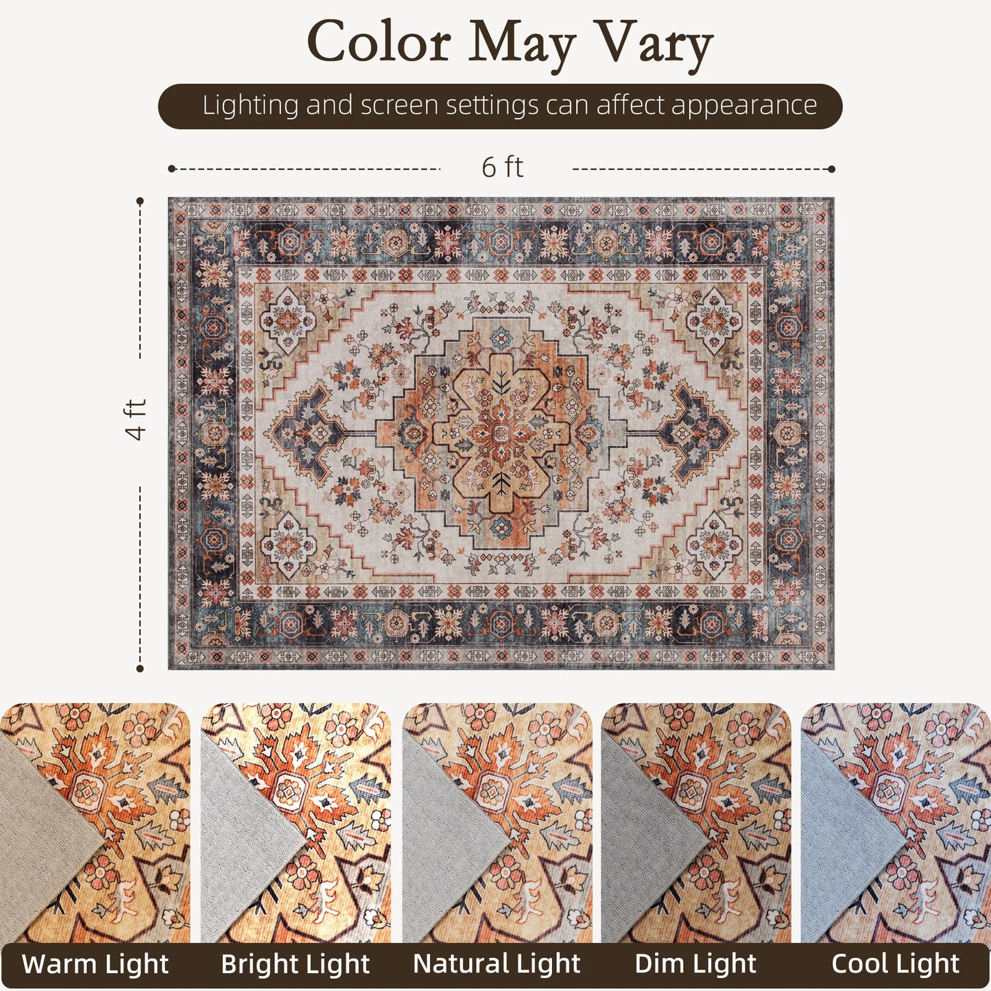 Machine Washable Vintage Oriental Medallion Distressed Soft Polyester Area Rug