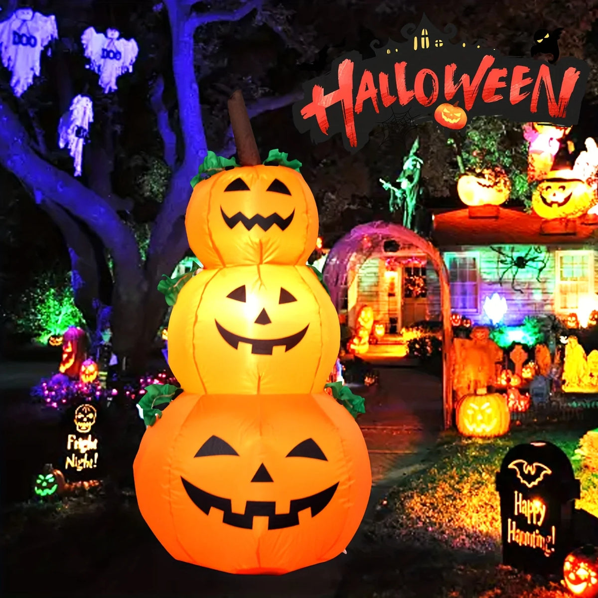 Halloween LED Inflatable Stacked Pumpkin Built In Lights Yard Decor