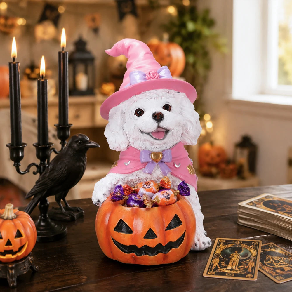 Halloween Witch French Bulldog Resin Figurine Pumpkin Candy Bowl Decoration