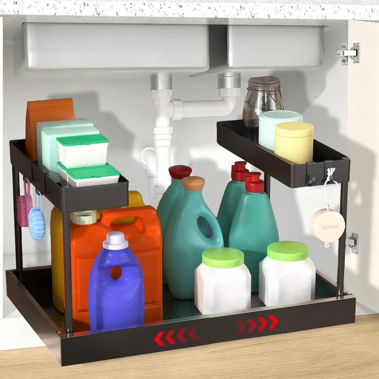 Under Sink Organizer Storage, 2 Tier U-Shape Expandable Multi-Purpose Large Capacity Kitchen Under Sink Organizers for Narrow Space Easy Access Sliding Storage Drawer with Hooks