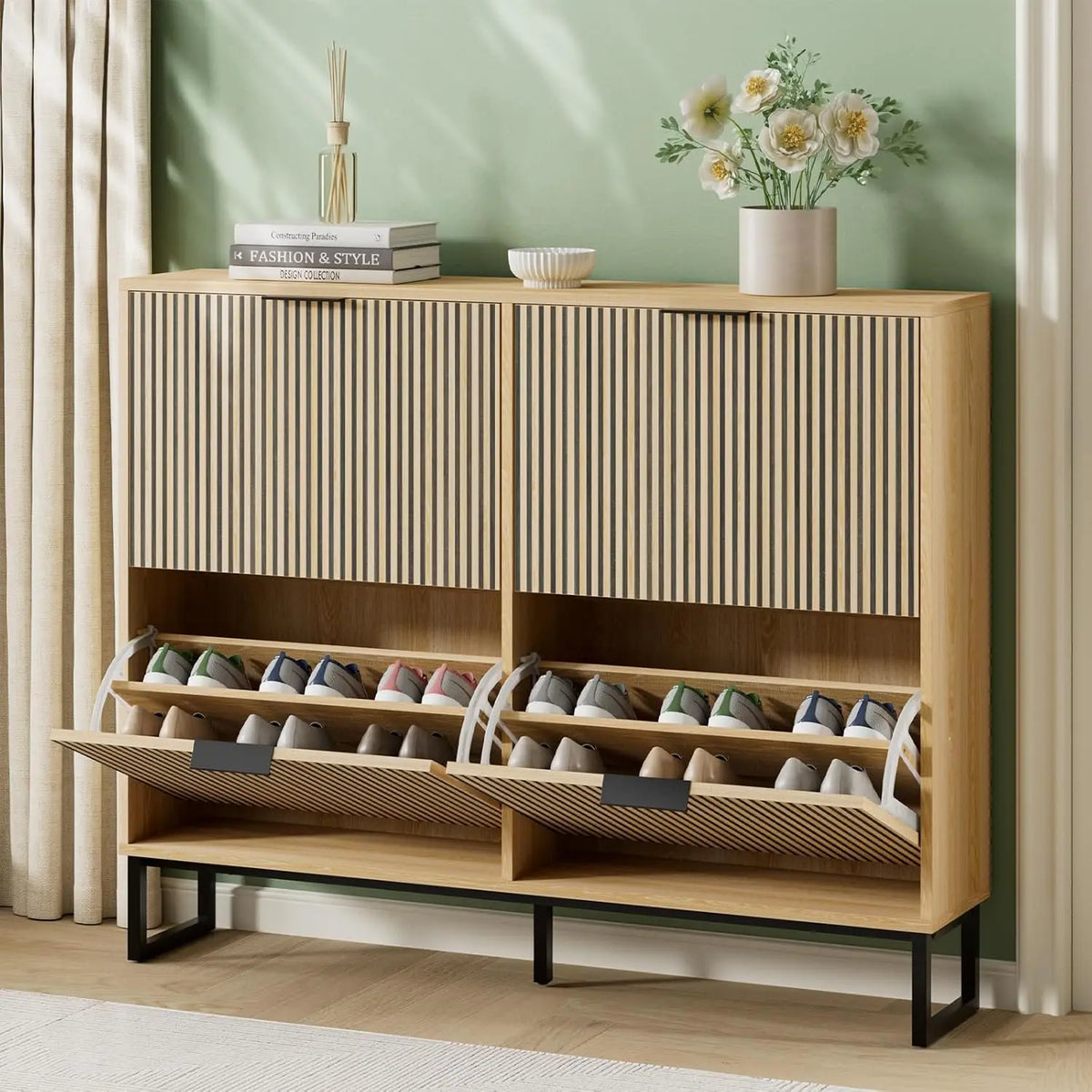 Shoe Cabinet Storage with 4 Flip Drawers, Narrow Hidden Shoe Organizer Cabinet for Entryway, Modern Freestanding, Customized
