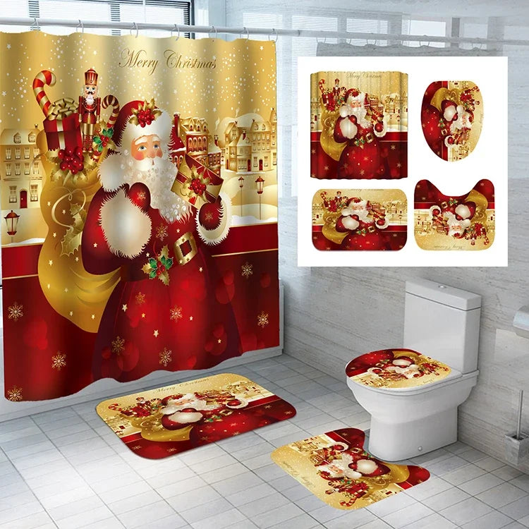 Wholesale Santa Claus Christmas Style Polyester Bathroom Shower Curtains 4pcs Waterproof Shower Curtain Sets