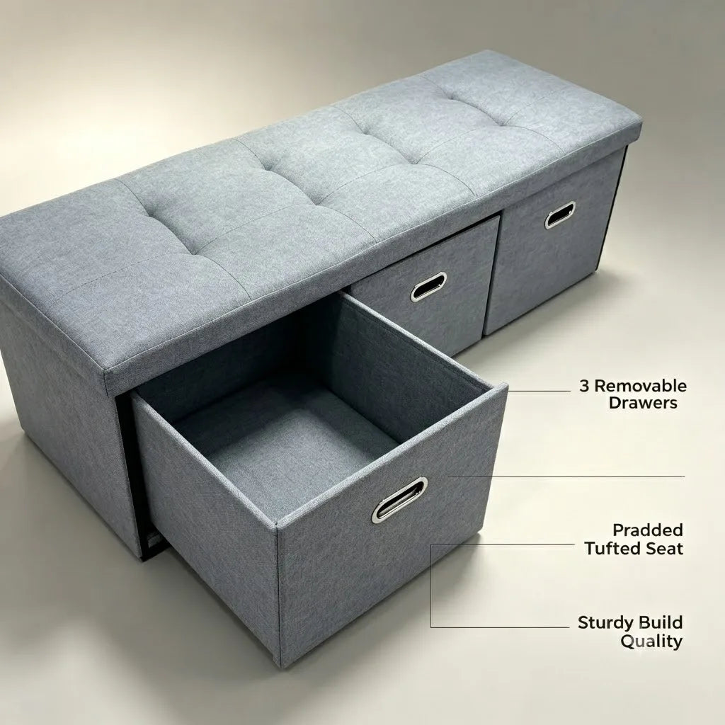 Foldable Storage Ottoman Bench With Three Spacious Drawers