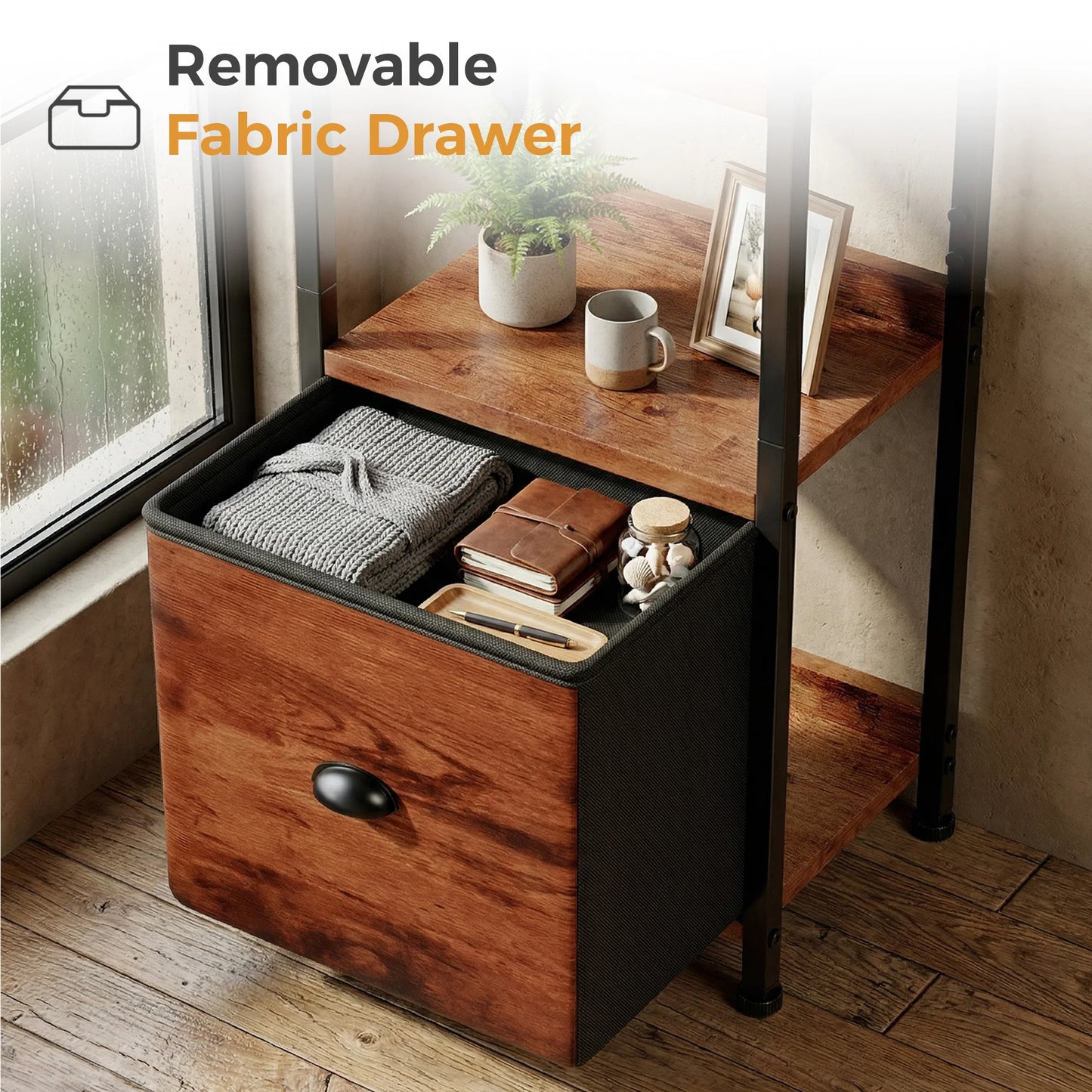 Industrial Metal Five Tier Bookshelf With Fabric Drawers For Home