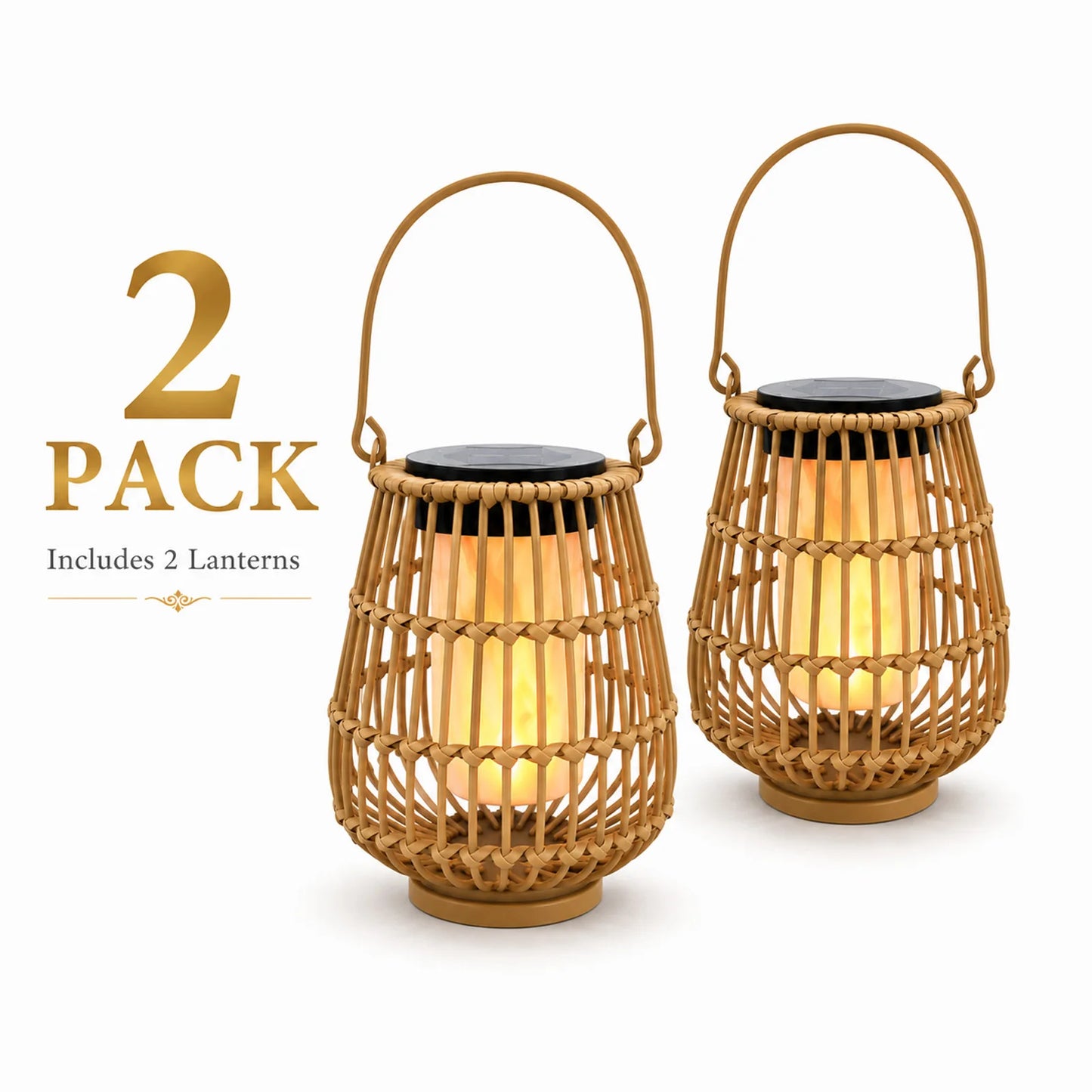Two Pack Handwoven Rattan Solar Lanterns For Garden Decor
