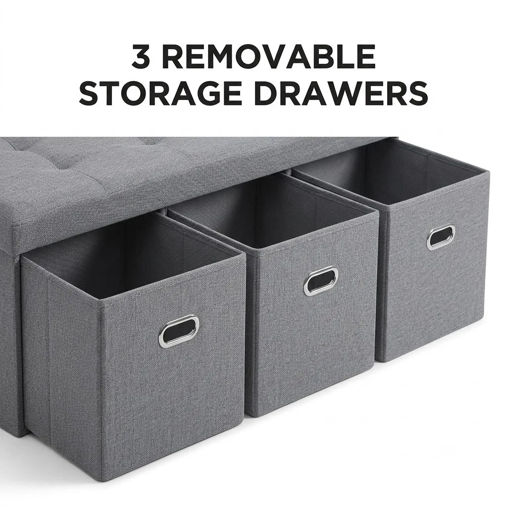 Foldable Storage Ottoman Bench With Three Spacious Drawers
