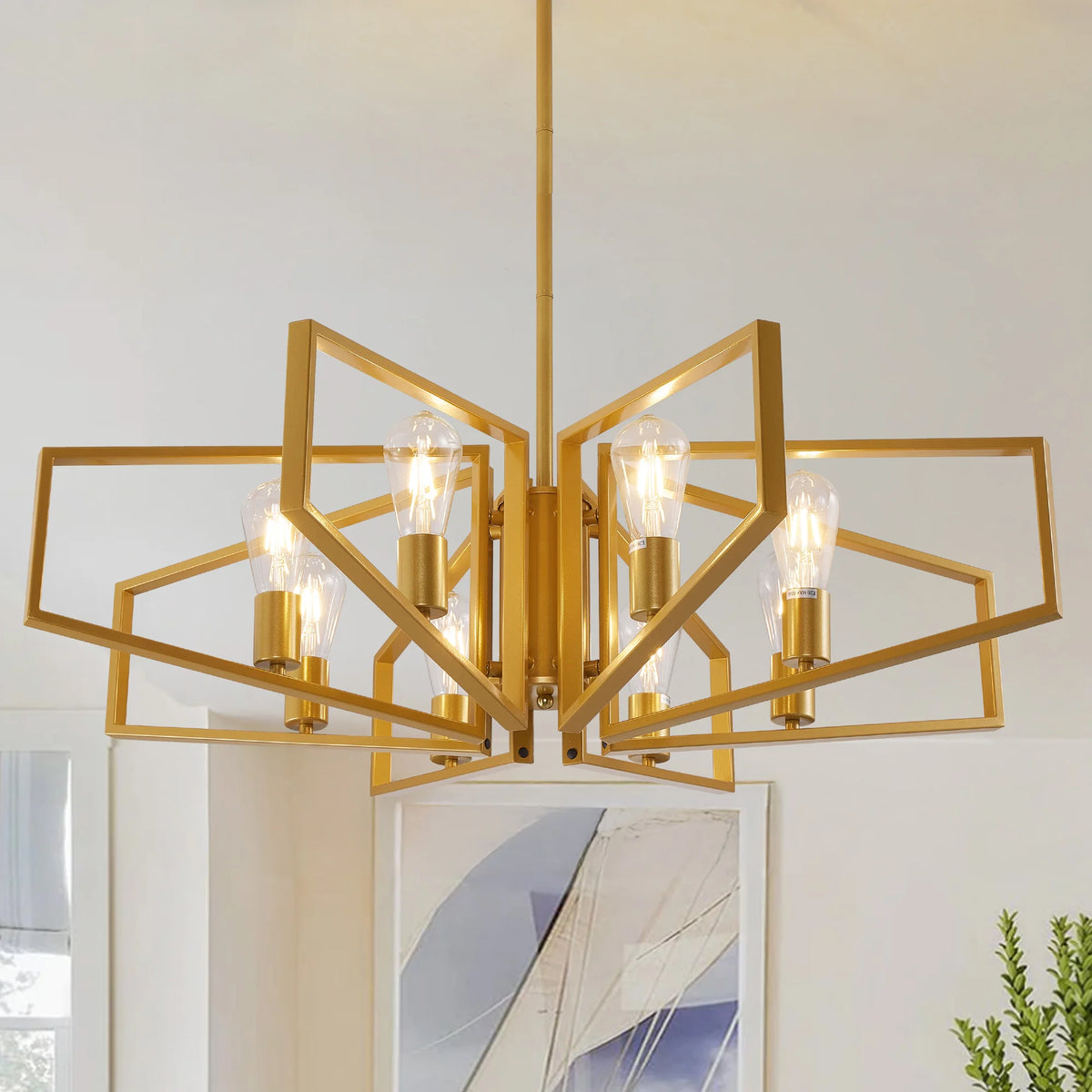 Eight-Light Geometric Chandelier With Adjustable Height Metal Pendant