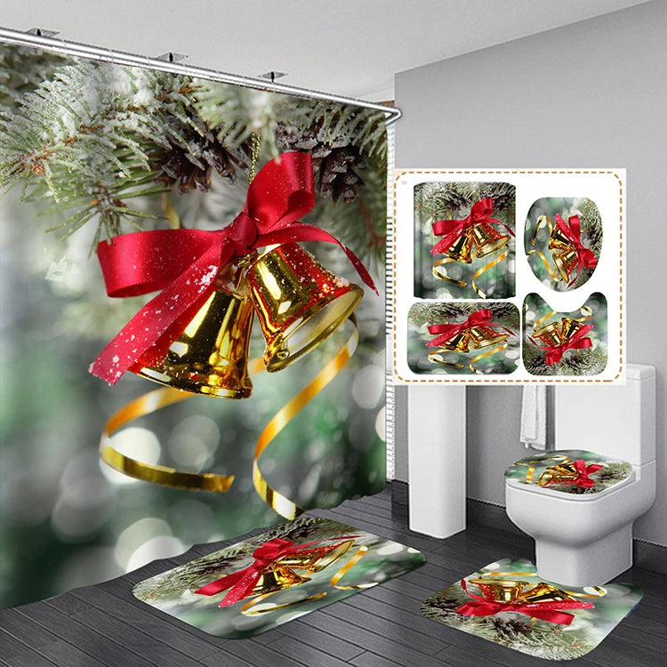 Wholesale Custom Christmas Bathroom Curtain Hooks Cute Cartoon Printed Digital Santa Design Welcome Shower Curtain Sets