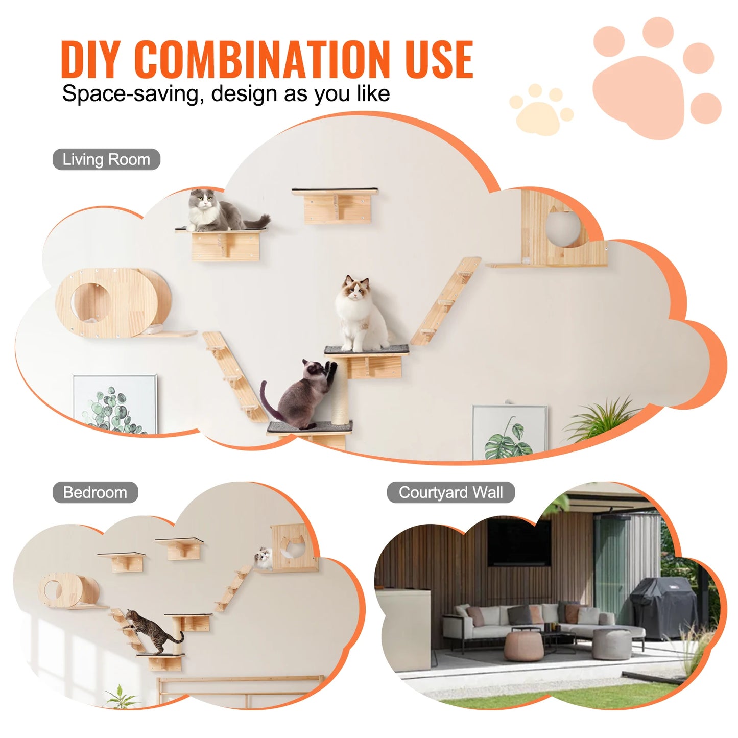 SucceBuy Wall Mounted Cat Shelves With Jumping Boards And Hammocks