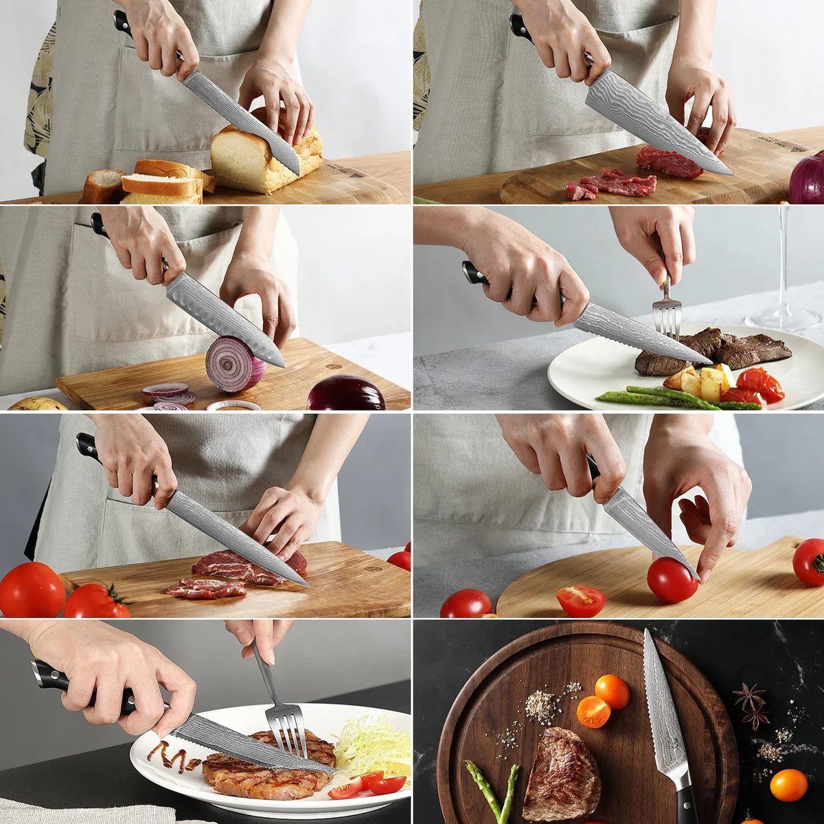 15 piece VG10 Damascus kitchen knives with ergonomic handles  Sharp cutting tools suitable for cutting meat, vegetables, fruits and bread  Professional chef set for home use  Complete set including sharpening rod and scissors