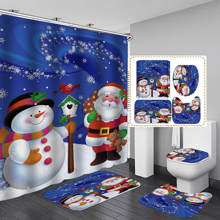Wholesale Custom Christmas Bathroom Curtain Hooks Cute Cartoon Printed Digital Santa Design Welcome Shower Curtain Sets