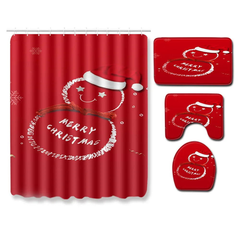 Christmas Shower Curtain Sets With Non-Slip Rugs Toilet Lid Cover and Bath Mat Snowman Shower Curtains 4 Piece Bathroom Decor