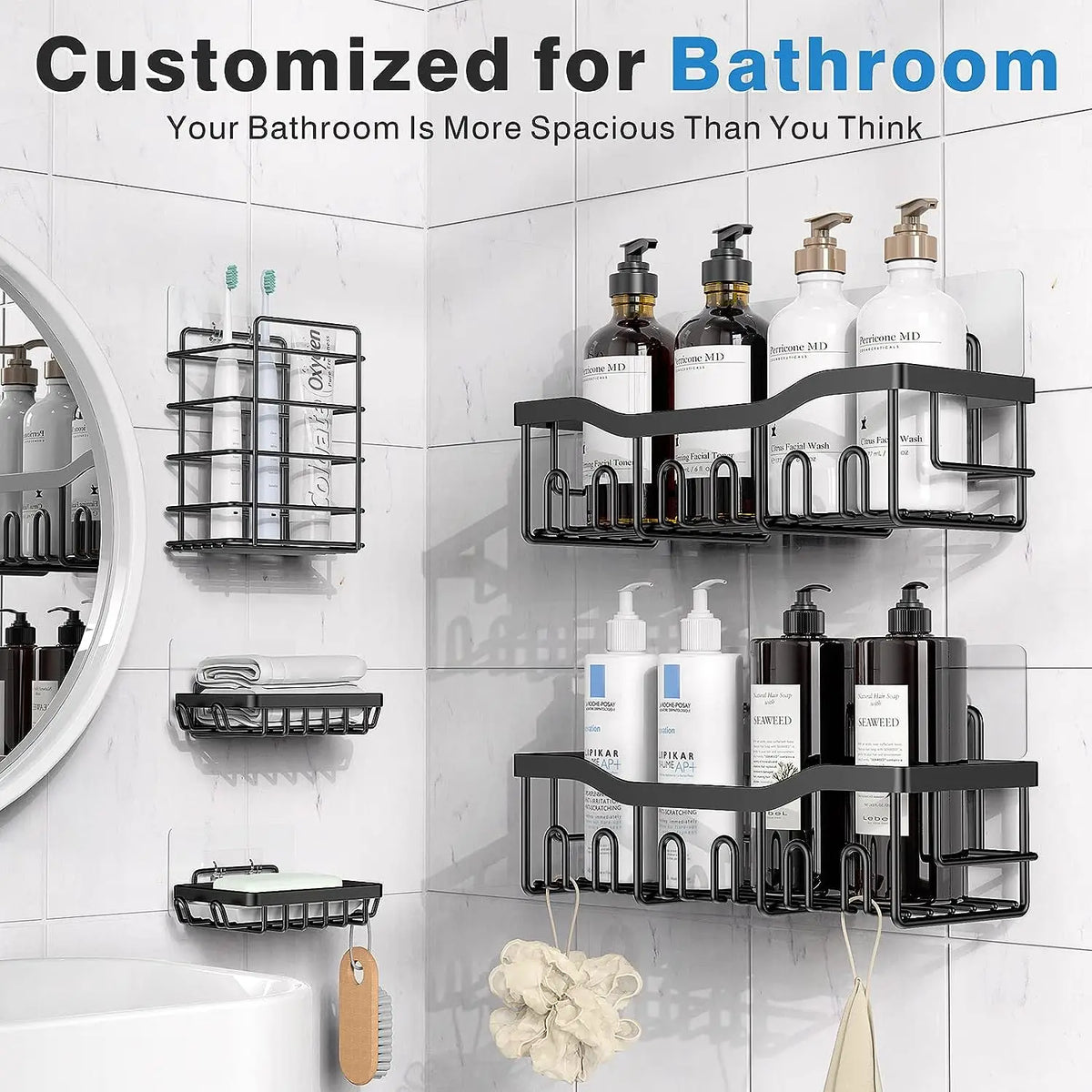 Adhesive Rustproof Stainless Steel Corner Shower Caddy with Soap Holder