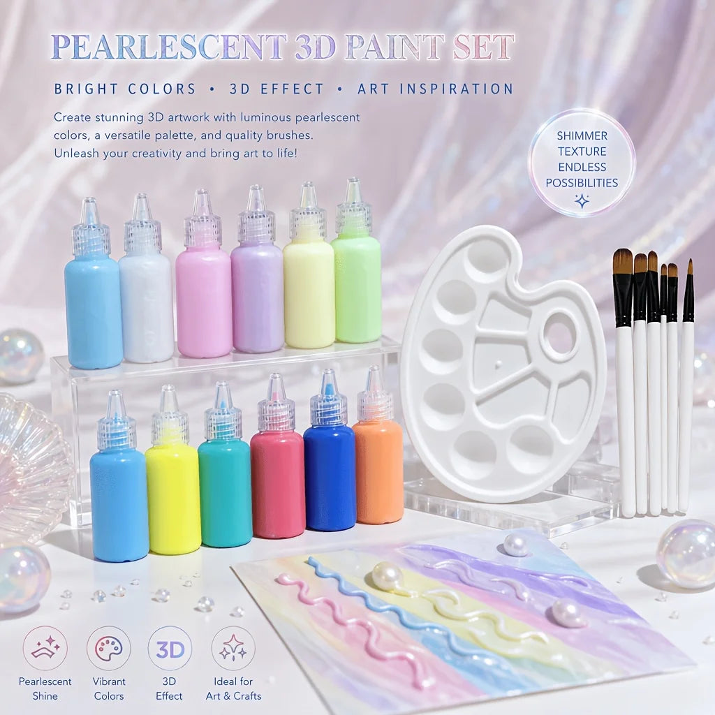 3D Paint Set 12 Bottles Palette Brushes Raised Texture Supplies
