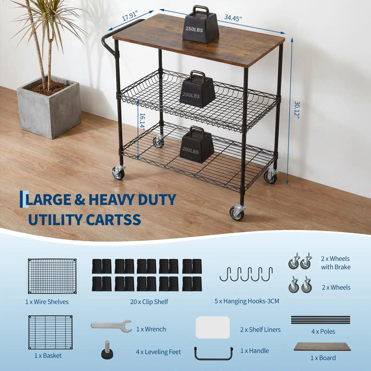 Himiss 3 Tier Rolling Kitchen Cart With Wood Top Rack