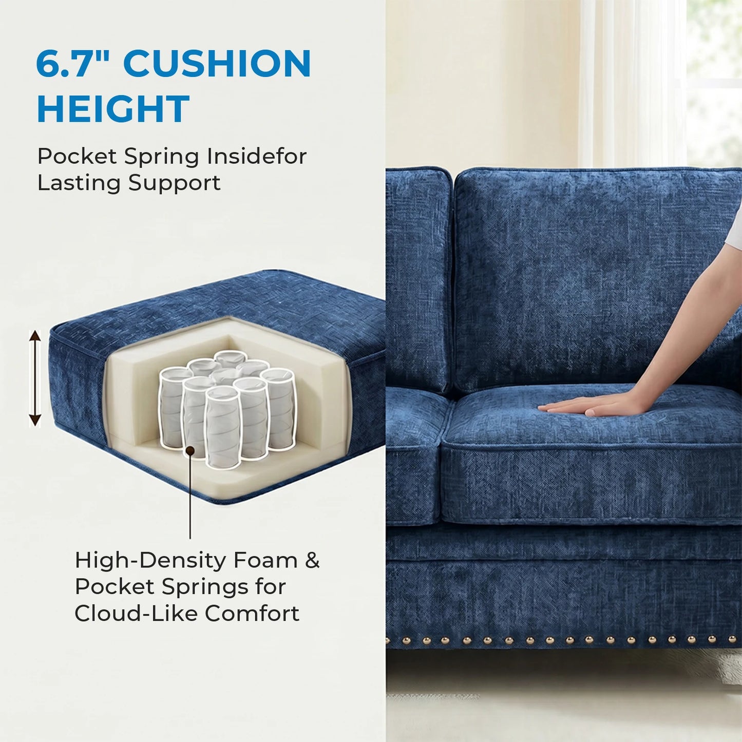 Modern 2PCS Chenille Sofa Set Rivet Design Thick Cushion Living Room Couch with Wood Frame & Gourd Legs