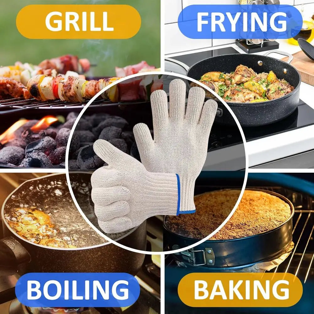 2 Pair Heat Resistant Gloves - 9.5 Oven Gloves with Fingers, Non-Slip BBQ Grill Protector, Reusable Heat Protection for Safe Coo