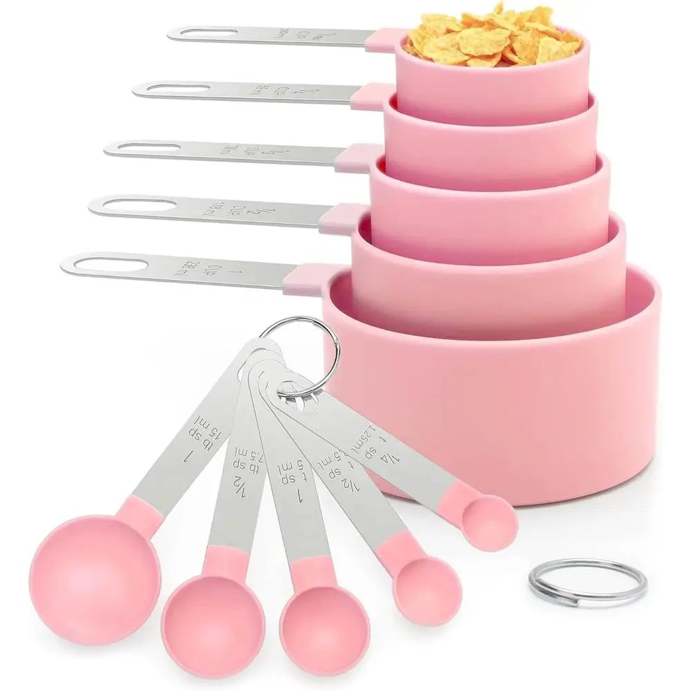 Measuring Cups and Spoons Set, 10 Pieces Stackable Measure Tools with Stainless Steel Handles, Kitchen Gadgets or Cooking (Pink)