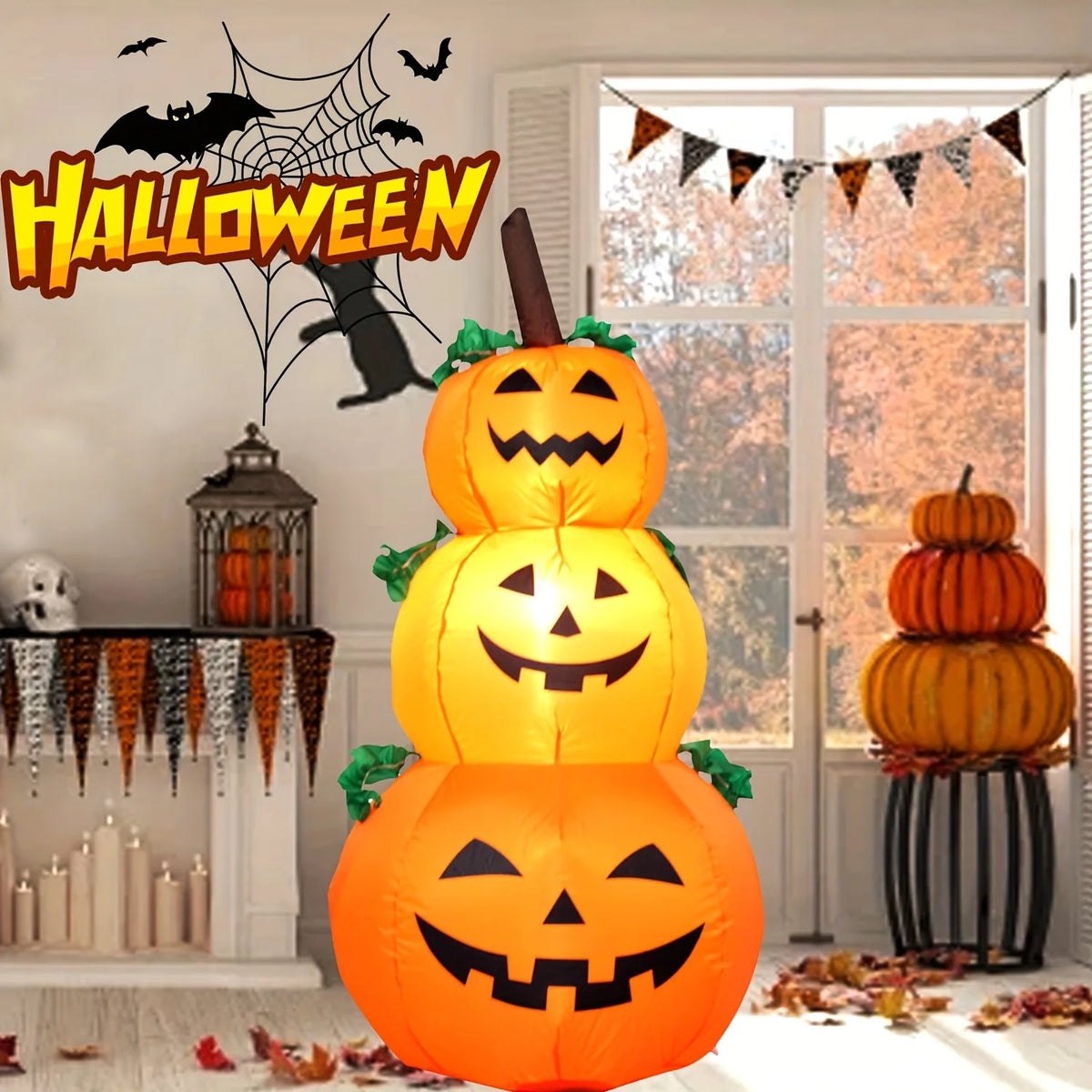 Halloween LED Inflatable Stacked Pumpkin Built In Lights Yard Decor