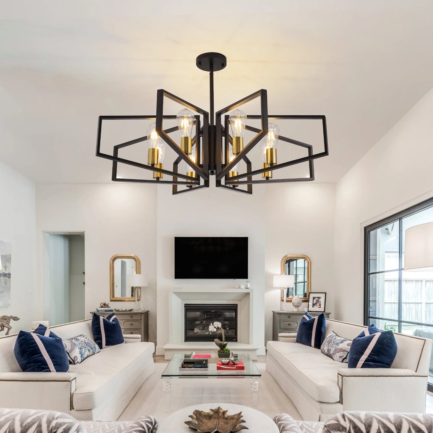 Eight-Light Geometric Chandelier With Adjustable Height Metal Pendant
