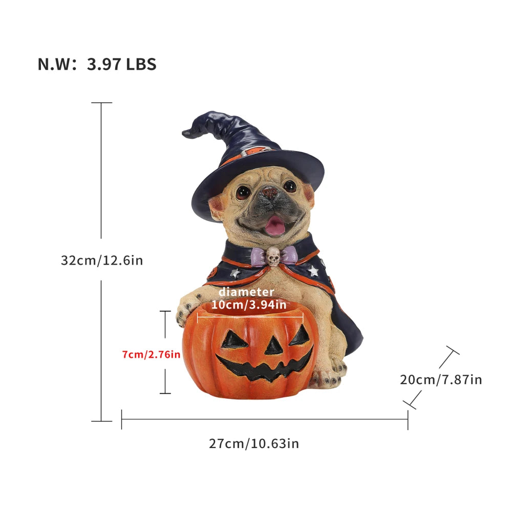 Halloween Witch French Bulldog Resin Figurine Pumpkin Candy Bowl Decoration