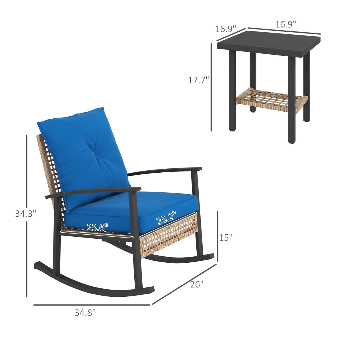 3 Pieces Bistro Set with Rattan Rocking Chairs & Coffee Table Dark Blue