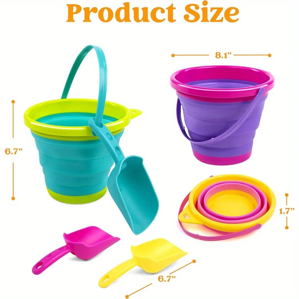 JOYFY 3 Packs Foldable Beach Bucket Set with Shovels and Mesh Backpack for Kids Camping Gear Travelling Fishing Water Pail