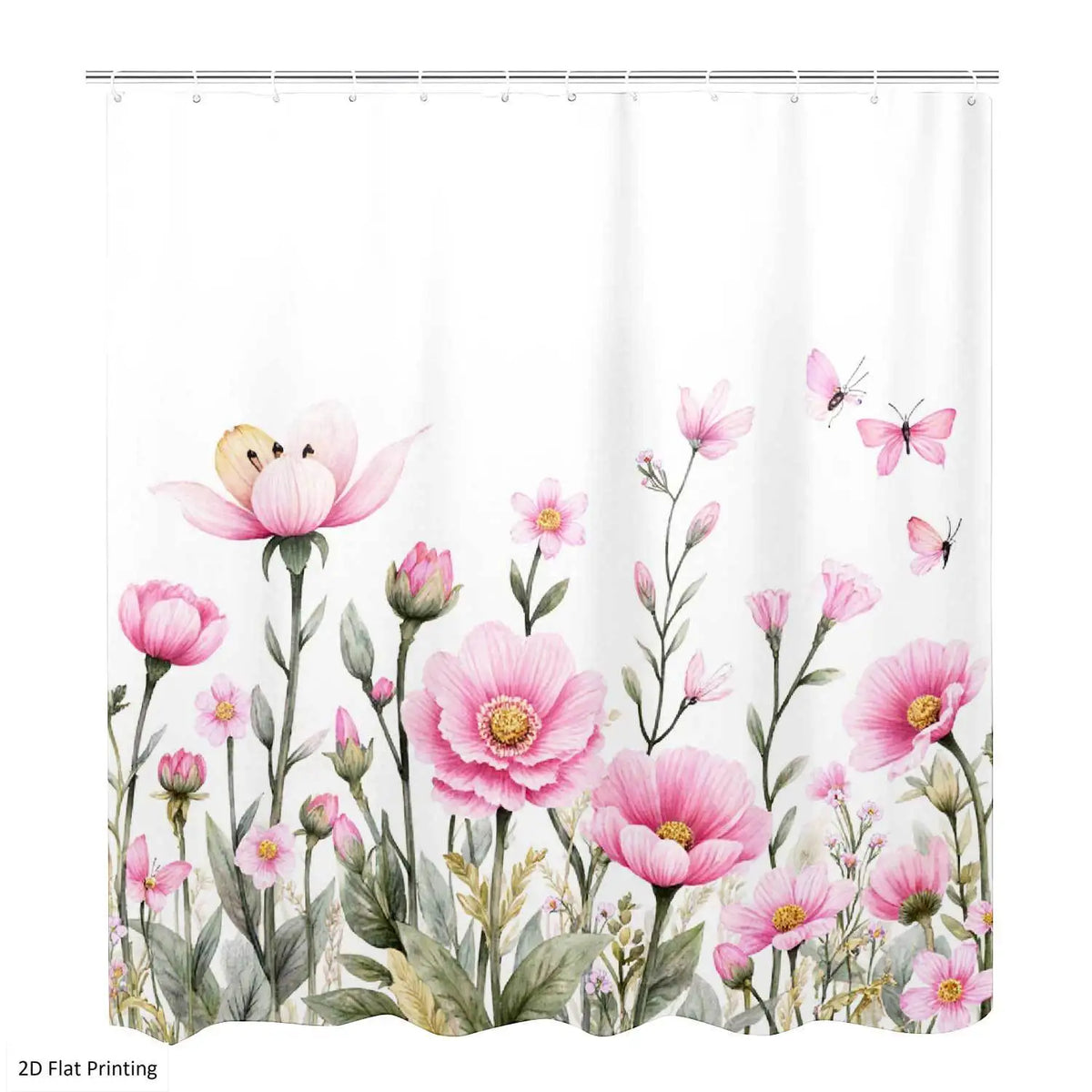 2D Flat, 2D Flat, 4pcs Floral Design with Pink Flowers And Butterflies Shower Curtain Set, Bathroom Set with Shower Curtain And Including Non-Slip, U-Shape And Toilet Lid Cover, Home Bathroom Accessory