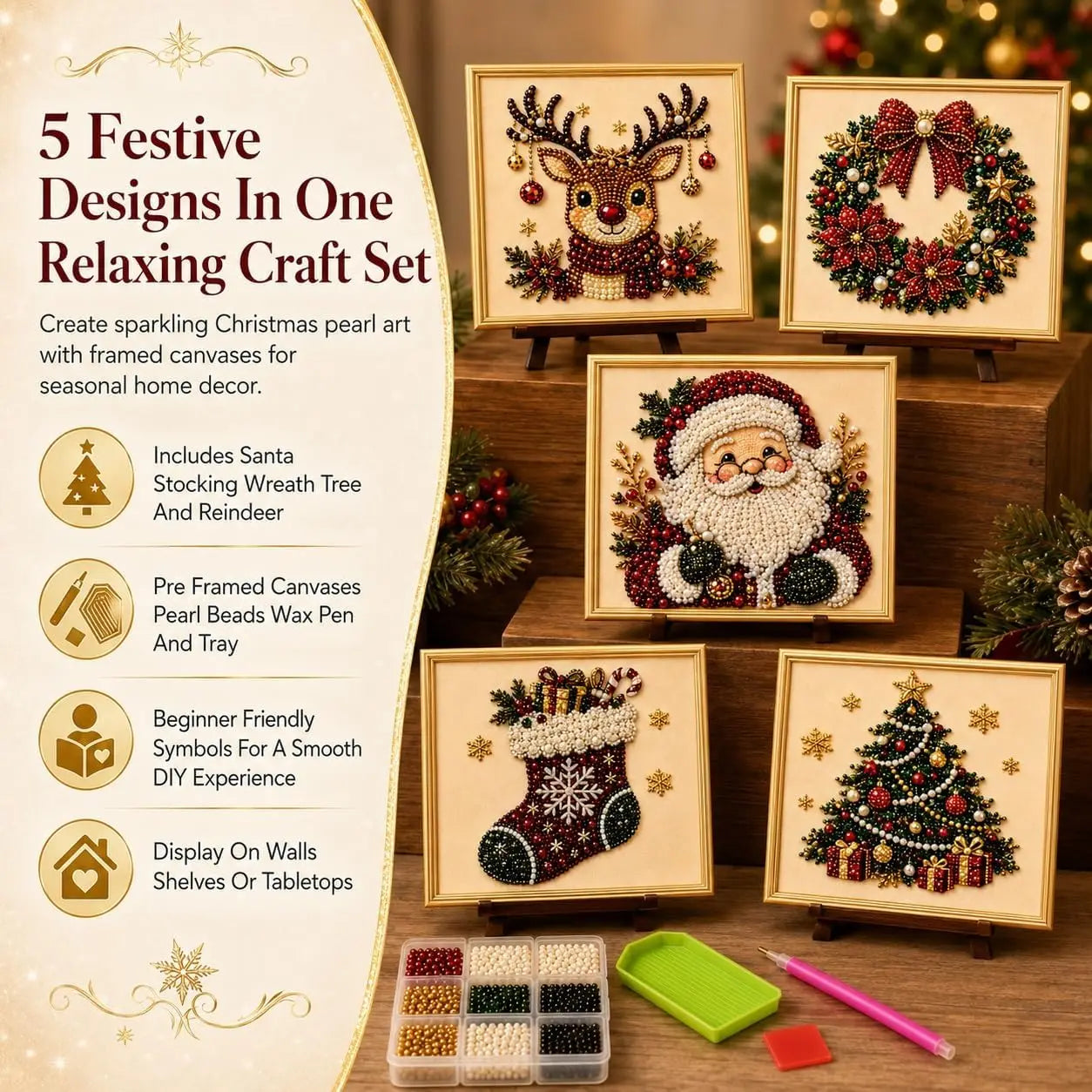 DIY Christmas Pearl Diamond Painting Kit With Festive Wall Decor