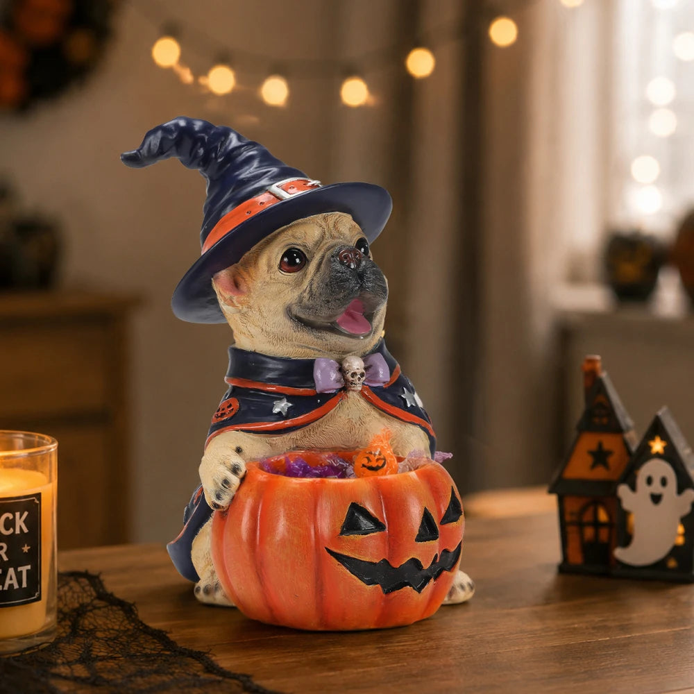 Halloween Witch French Bulldog Resin Figurine Pumpkin Candy Bowl Decoration