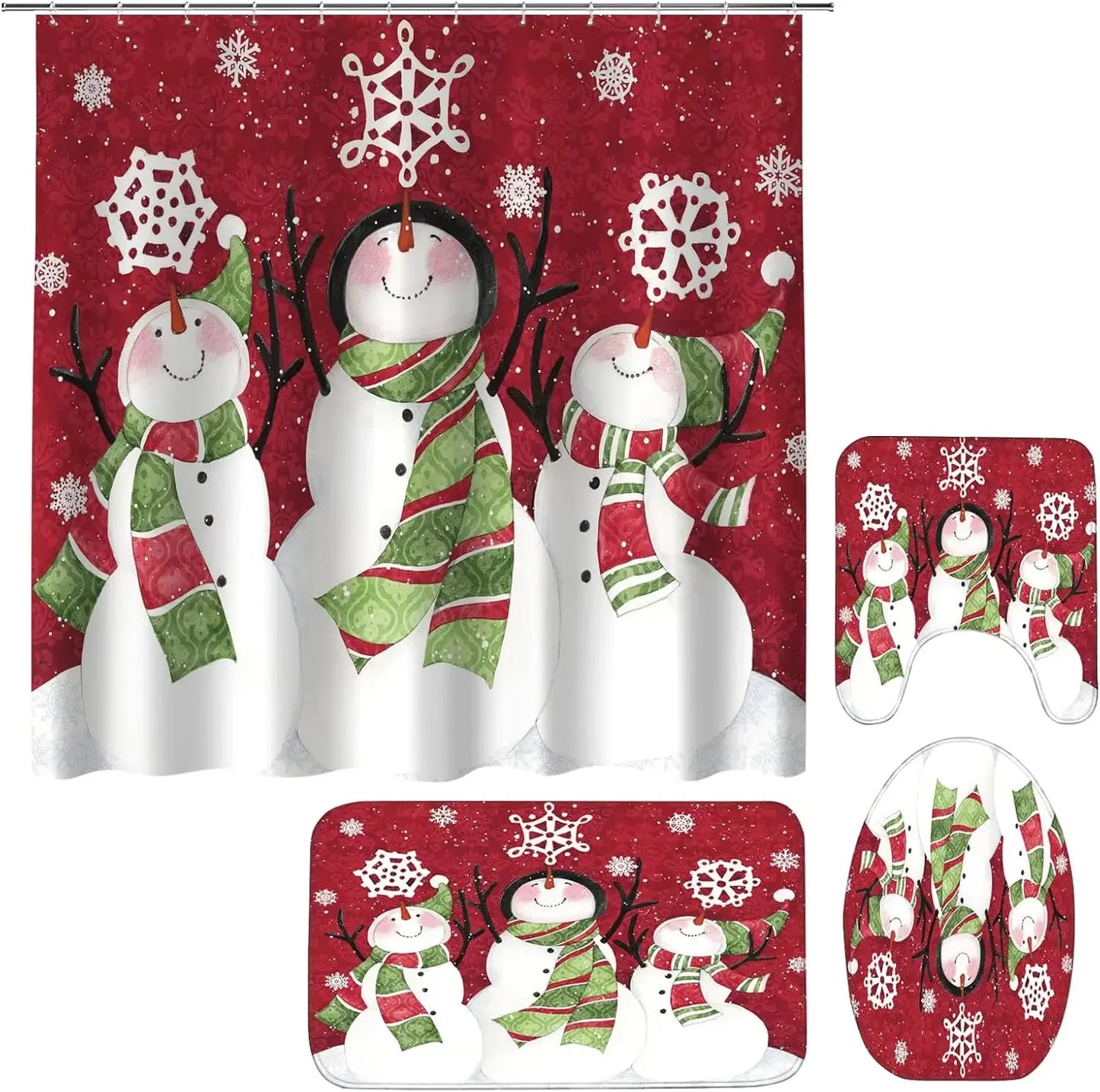 Christmas Shower Curtain Sets With Non-Slip Rugs Toilet Lid Cover and Bath Mat Snowman Shower Curtains 4 Piece Bathroom Decor