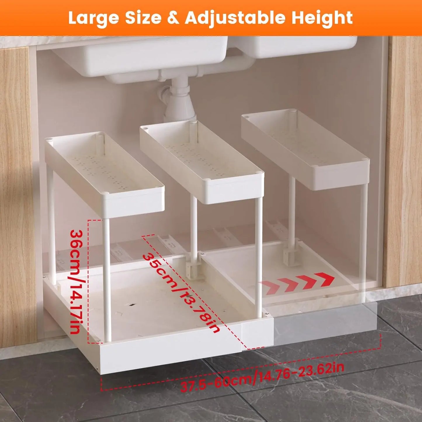 Under Sink Organizer Storage, 2 Tier U-Shape Expandable Multi-Purpose Large Capacity Kitchen Under Sink Organizers for Narrow Space Easy Access Sliding Storage Drawer with Hooks