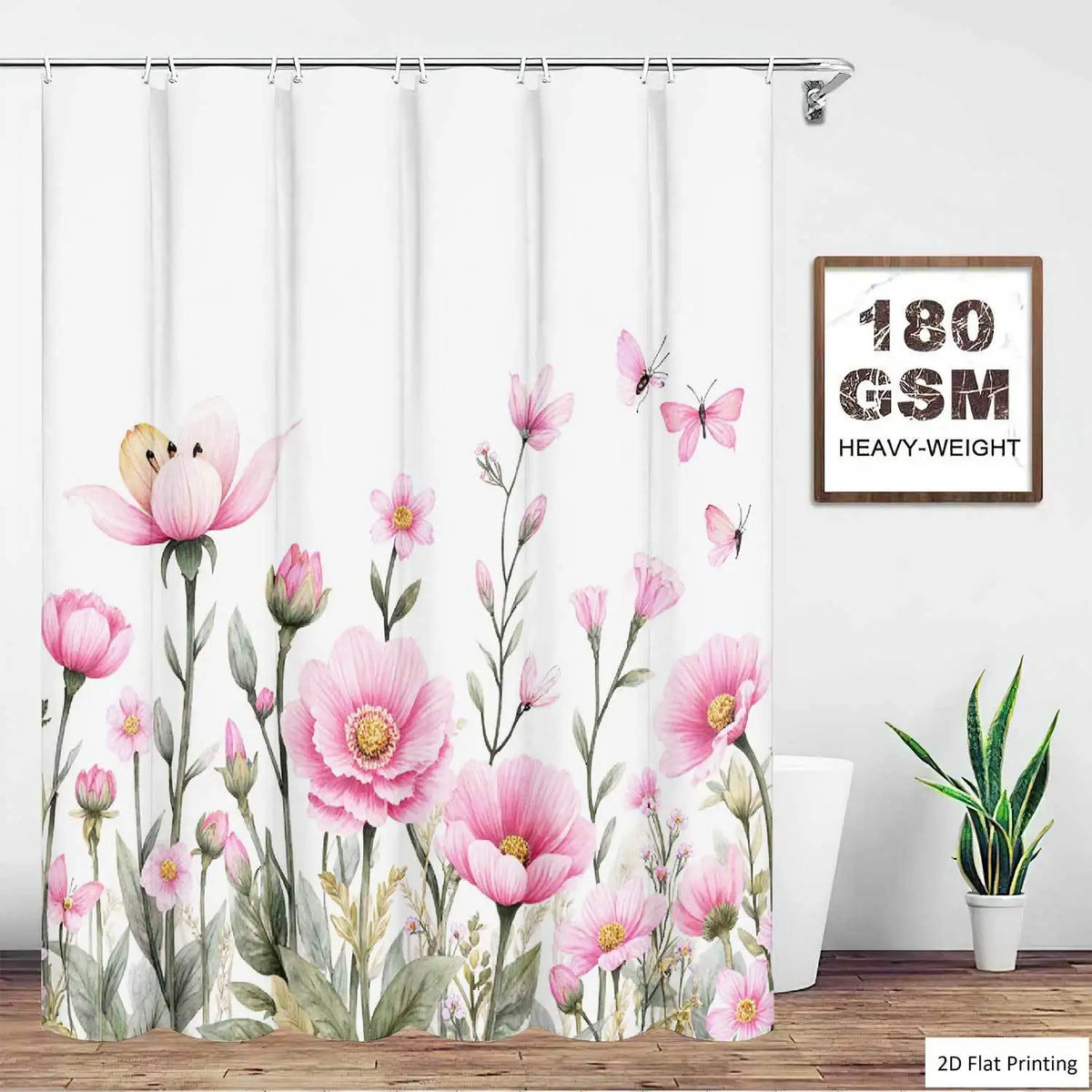 2D Flat, 2D Flat, 4pcs Floral Design with Pink Flowers And Butterflies Shower Curtain Set, Bathroom Set with Shower Curtain And Including Non-Slip, U-Shape And Toilet Lid Cover, Home Bathroom Accessory