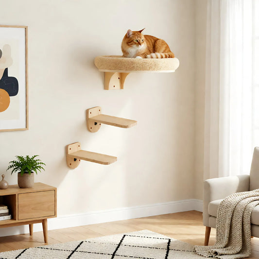 CWV Wall Mounted Solid Wood Cat Climbing Ladder With Hammock