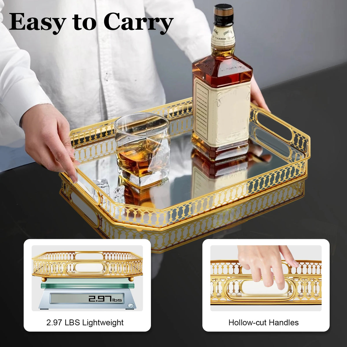 Gold Electroplated Iron Glass Serving Tray Rectangular Cut-out Handles Raised Edge Spherical Feet Decorative Vanity Tray