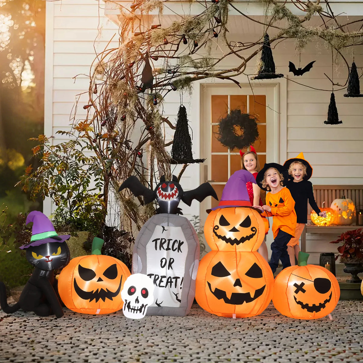 Halloween Outdoor Inflatable Yard Decor Cat And Pumpkin Led Lights