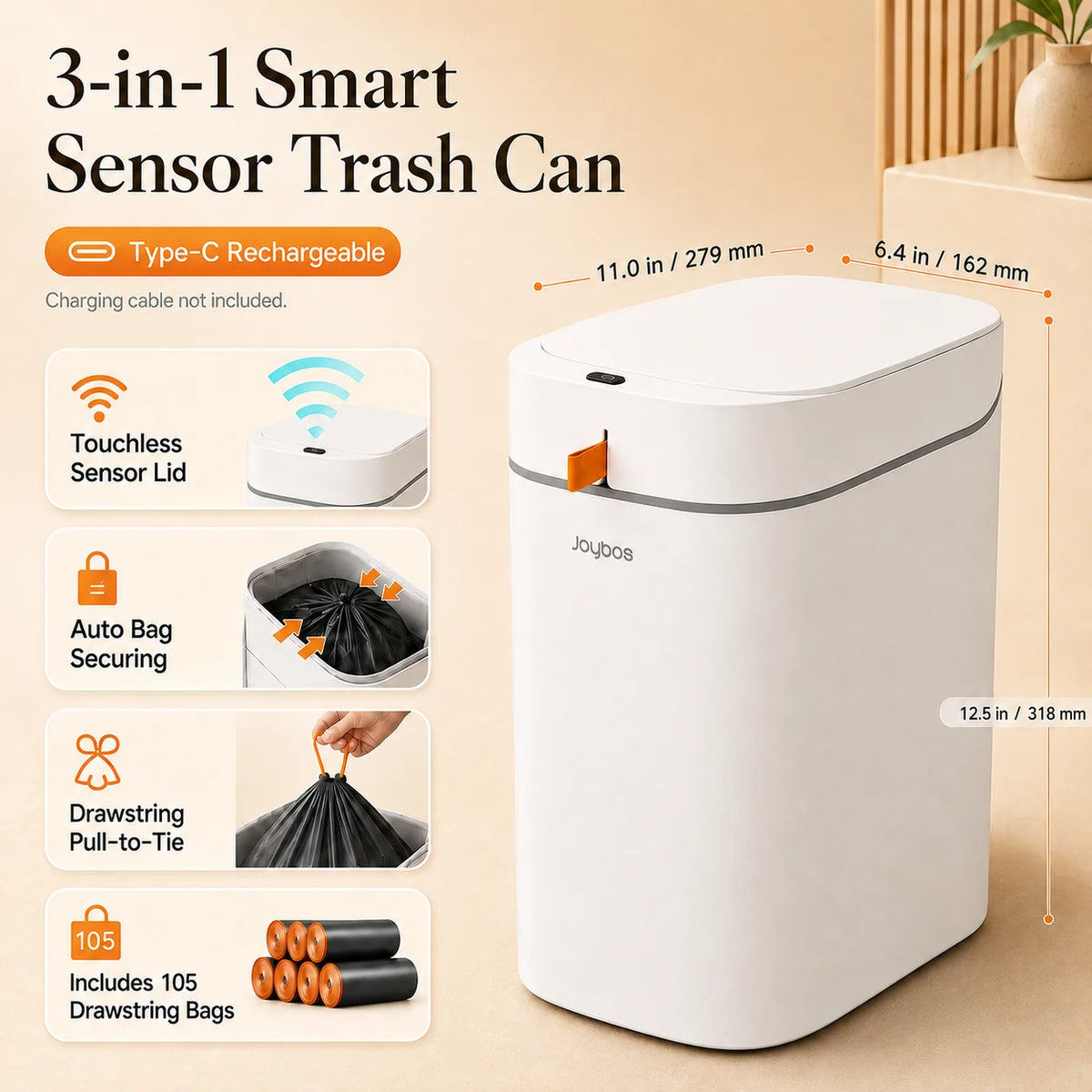Joybos Smart Trash Can With Touchless Sensor And Auto Liner Bags