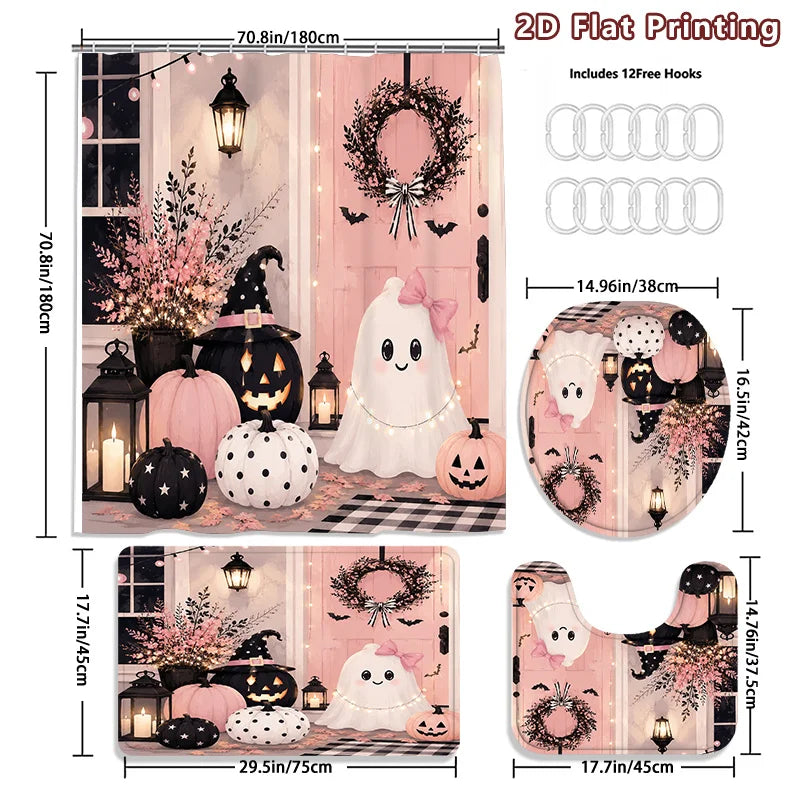 Halloween Ghost Pumpkin Shower Curtain Set With Hooks And Bathroom Decor
