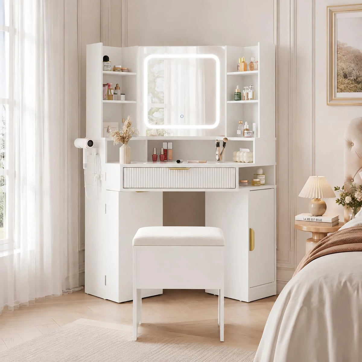 HiMISS Corner Vanity Desk With LED Lights And Charging Port