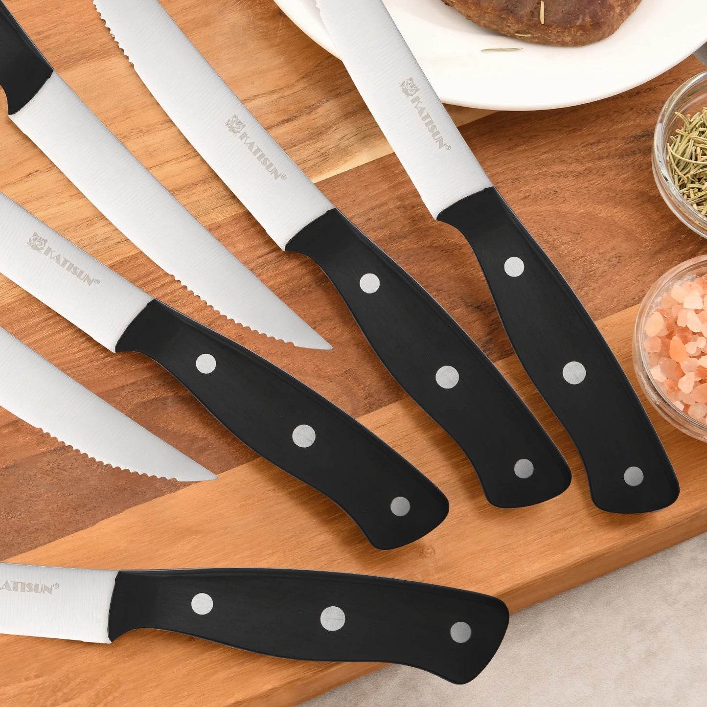 Katisun 8 Pieces 5 Inch Serrated Steak Knives Set with Triple Rivet POM Handle Dishwasher Safe Home Restaurant