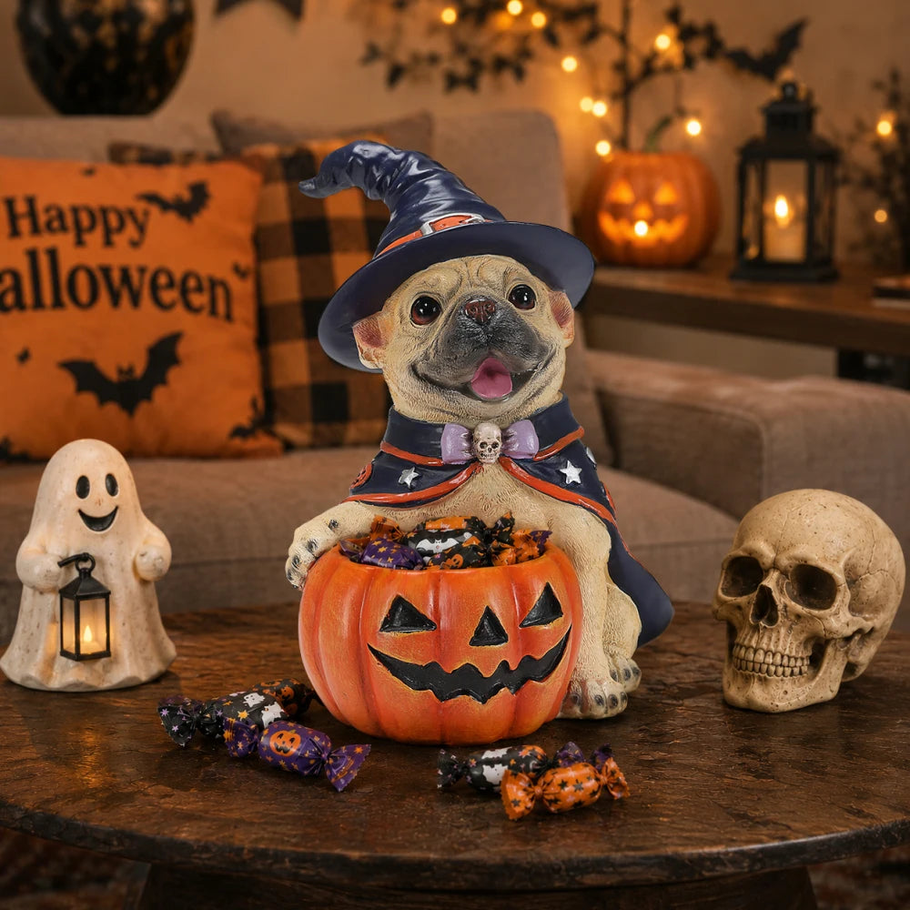 Halloween Witch French Bulldog Resin Figurine Pumpkin Candy Bowl Decoration