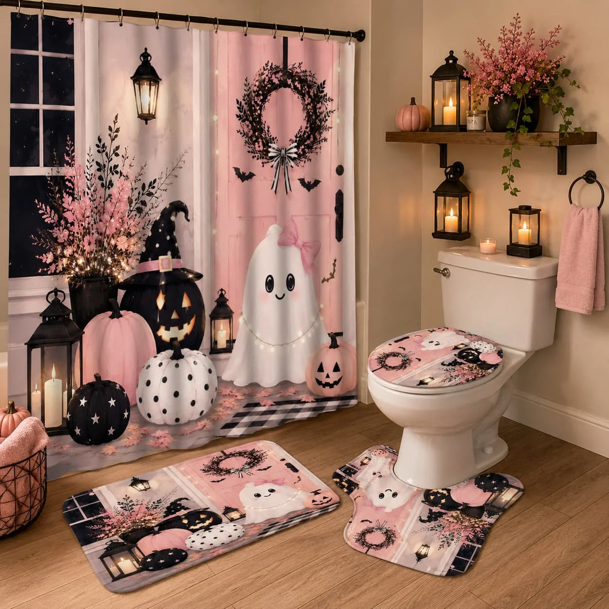 Halloween Ghost Pumpkin Shower Curtain Set With Hooks And Bathroom Decor