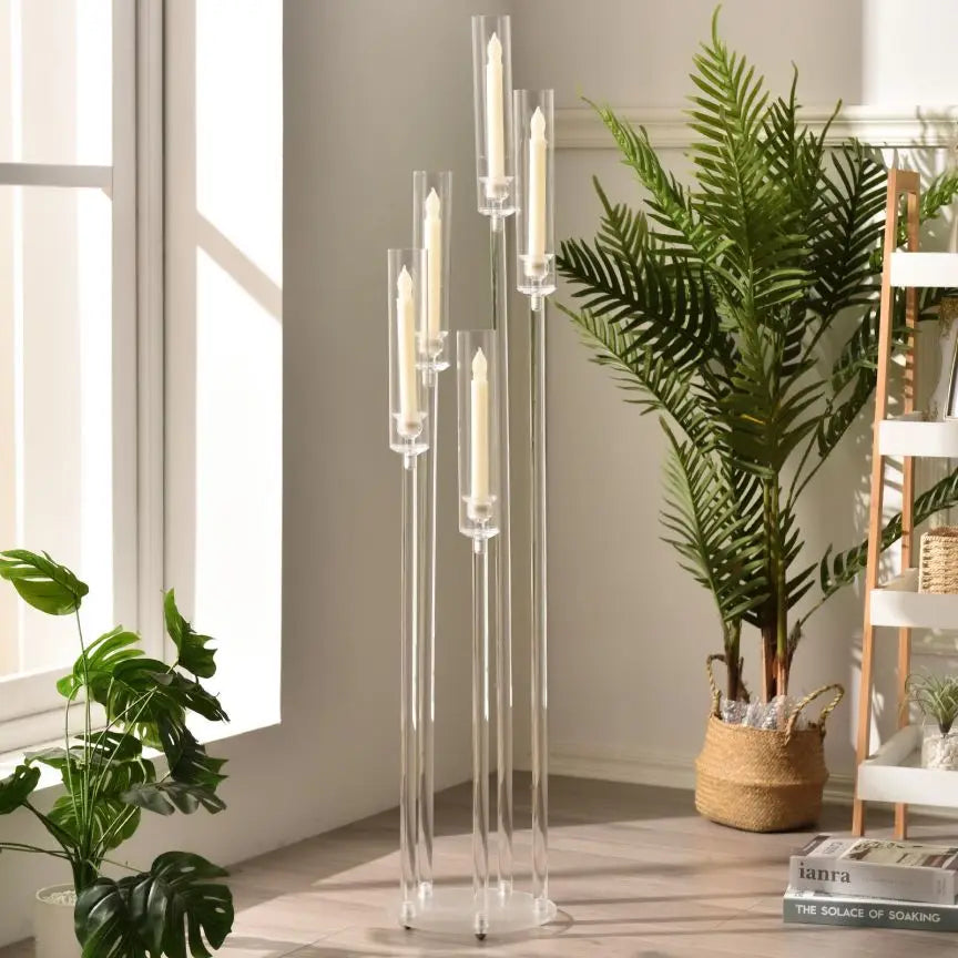 Acrylic Five Arm Candelabra Led Taper Candle Holders Centerpiece