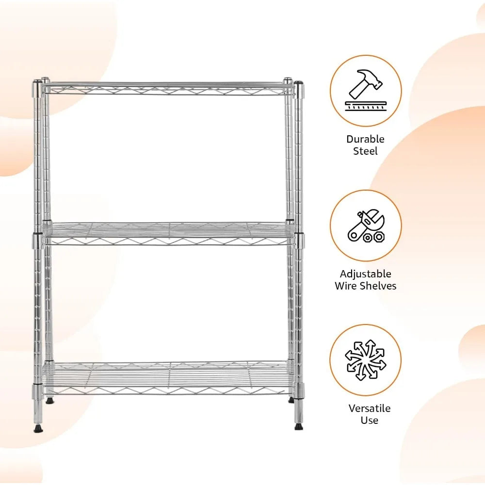 3-Shelf Adjustable Heavy Duty Steel Wire Storage Rack Chrome Finish 250 lbs per Shelf 23x13x30 Inches