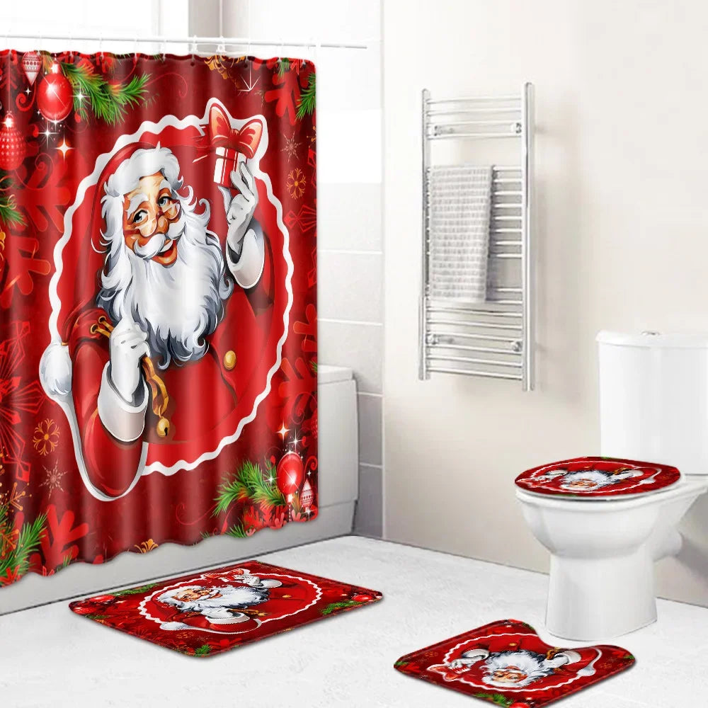 Christmas Shower Curtain Sets With Non-Slip Rugs Toilet Lid Cover and Bath Mat Snowman Shower Curtains 4 Piece Bathroom Decor
