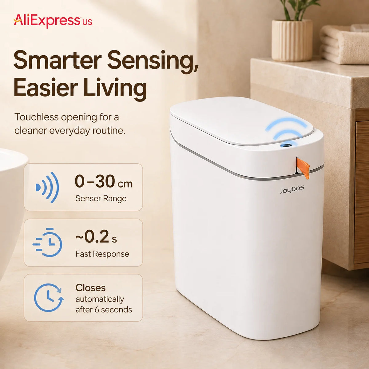Joybos Smart Trash Can With Touchless Sensor And Auto Liner Bags