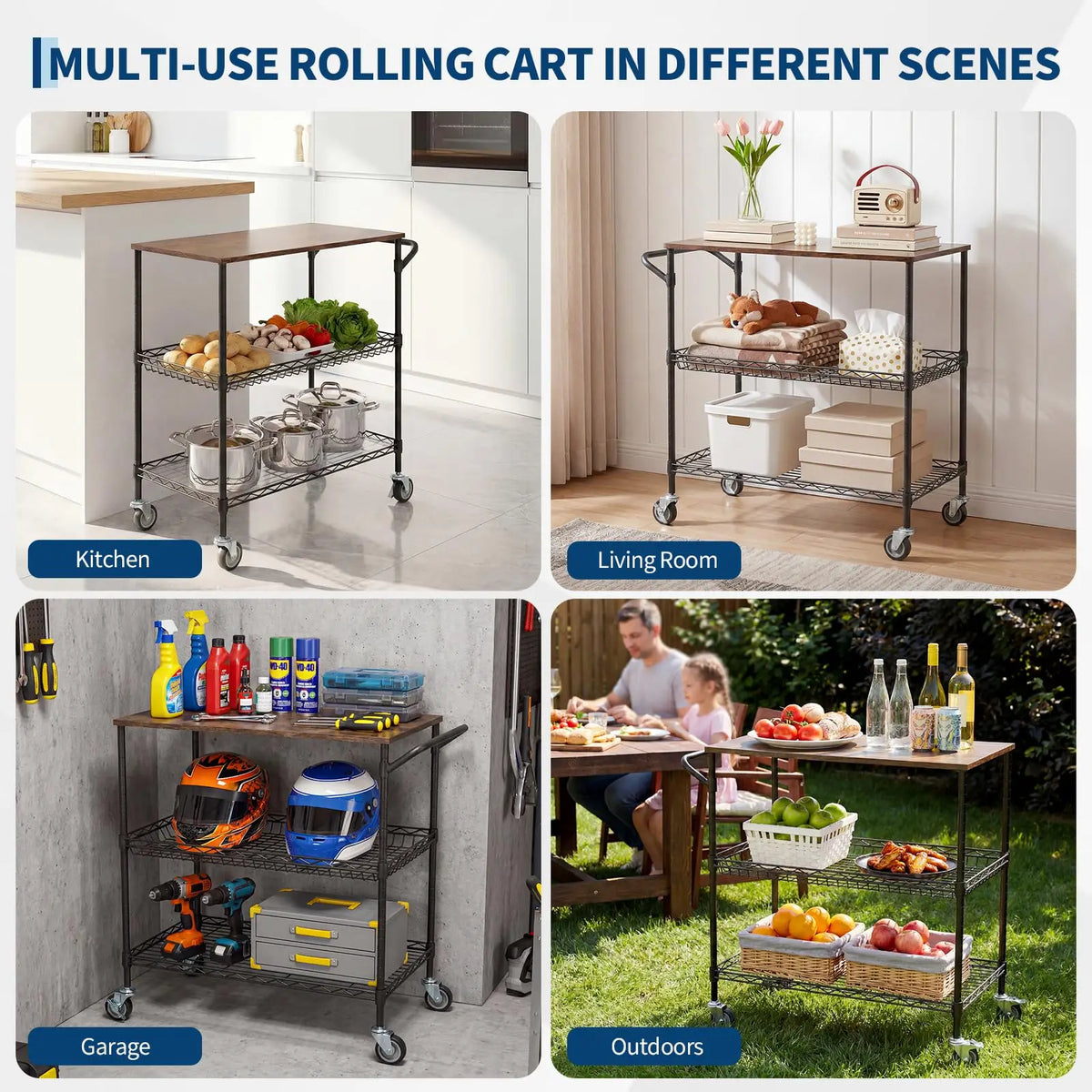 Himiss 3 Tier Rolling Kitchen Cart With Wood Top Rack