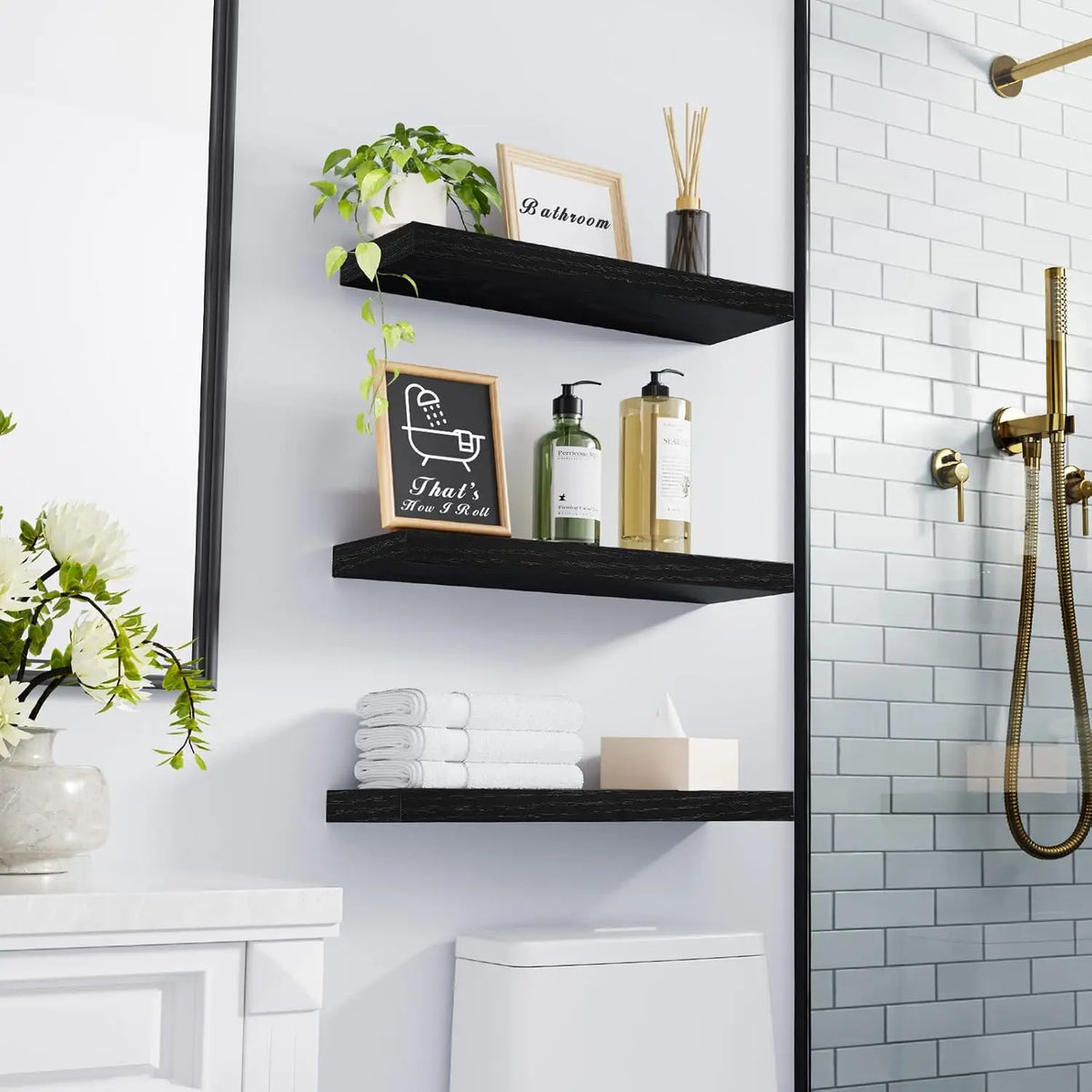 Rustic Wood Floating Shelves Set of 3, Wall Mounted for Bathroom Bedroom Living Room Kitchen, Holds 22lbs, Black